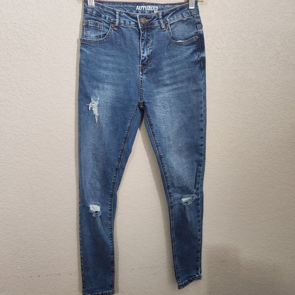Autuzcci Womens Distressed Skinny Jeans Small Blue Denim Mid-Rise Ripped